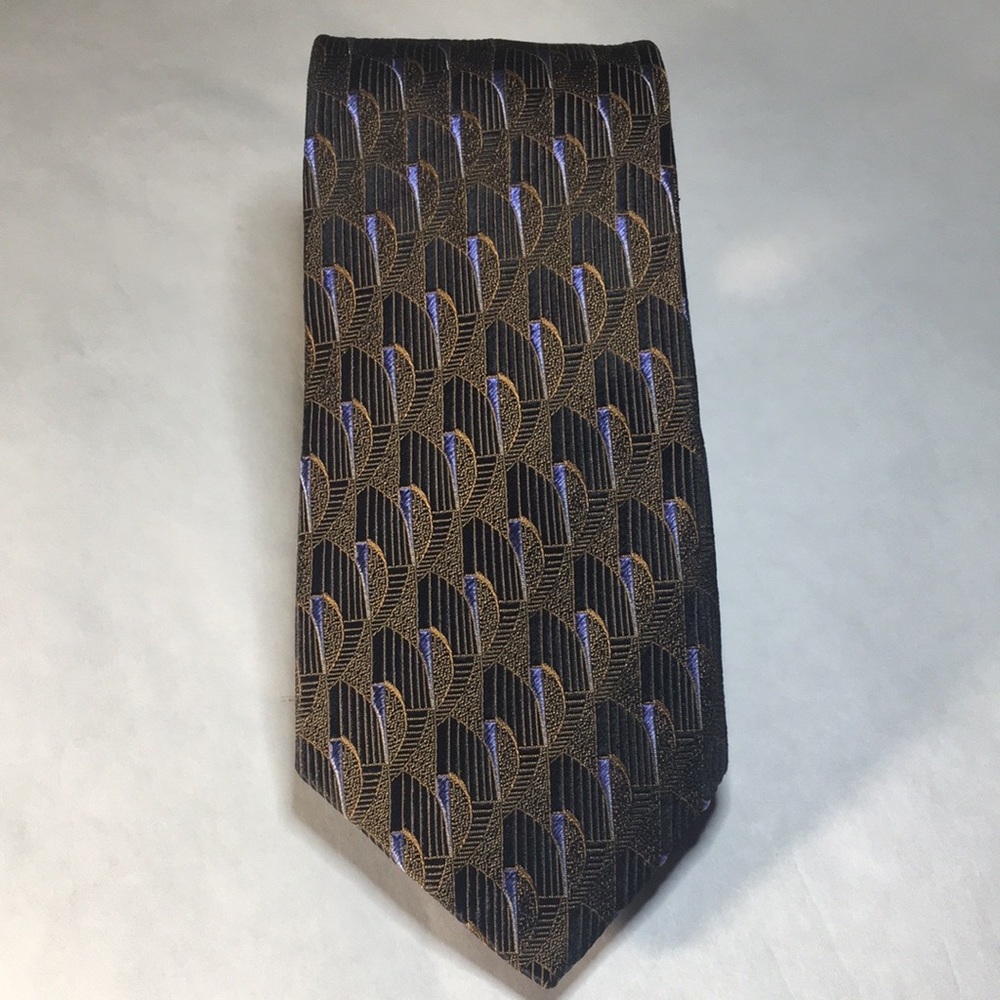 Stonehouse studio collection brown Art Deco pattern with blue accents 100% silk